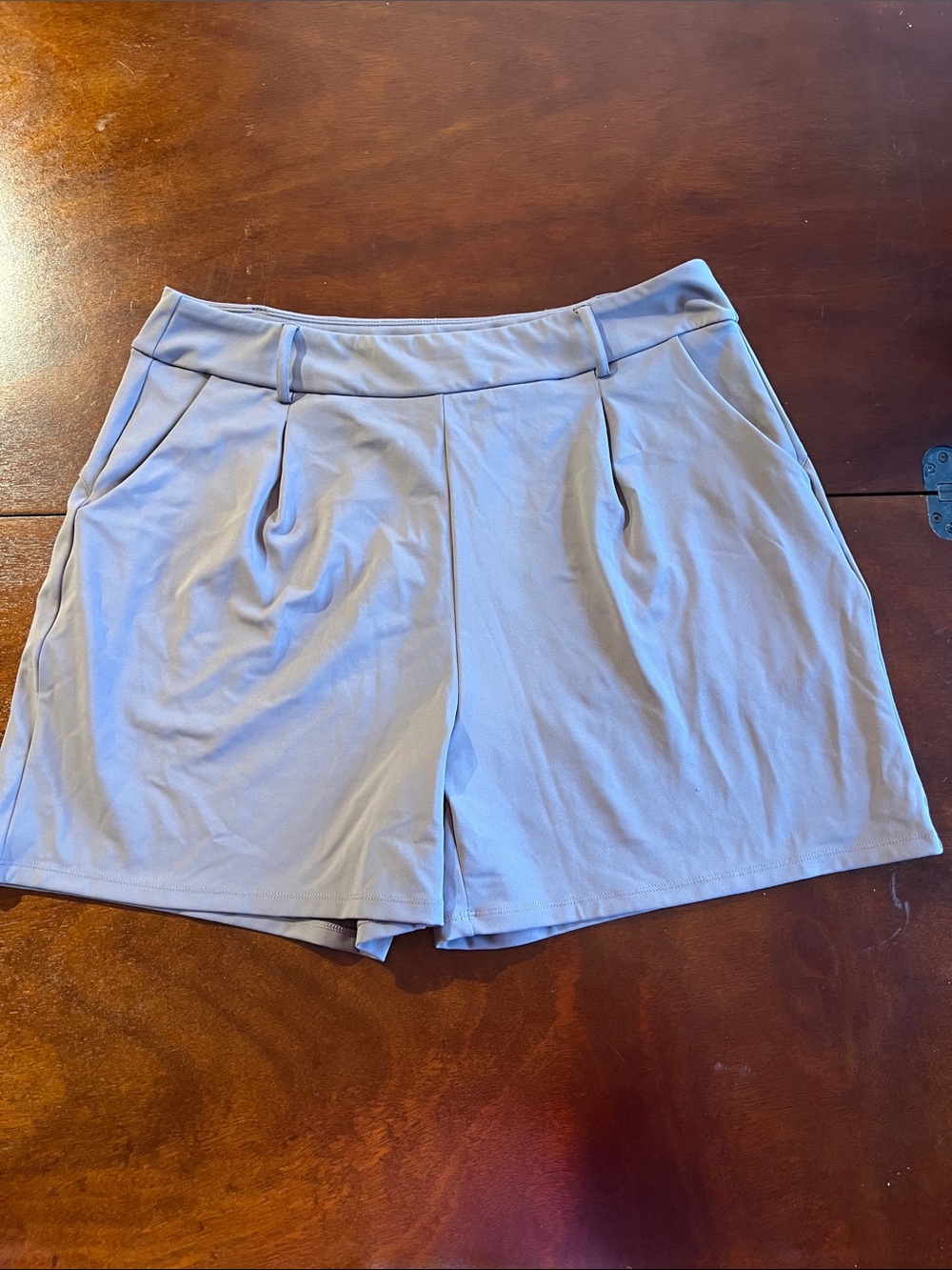 Pleat-Front Taupe high-waisted ponte Shorts with Belt Loops
